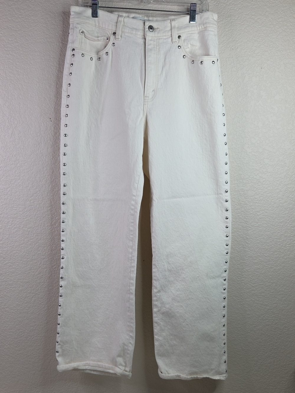 Abercrombie & Fitch White Straight-Leg Jeans with Silver Studs